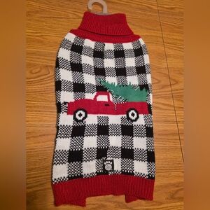 Plaid Red and Black Dog Sweater with Truck Design